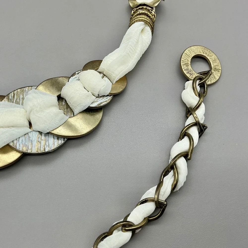 Chico's Belt Women Gold Tone White Fabric Chain Link Woven Medallion 44 Inches